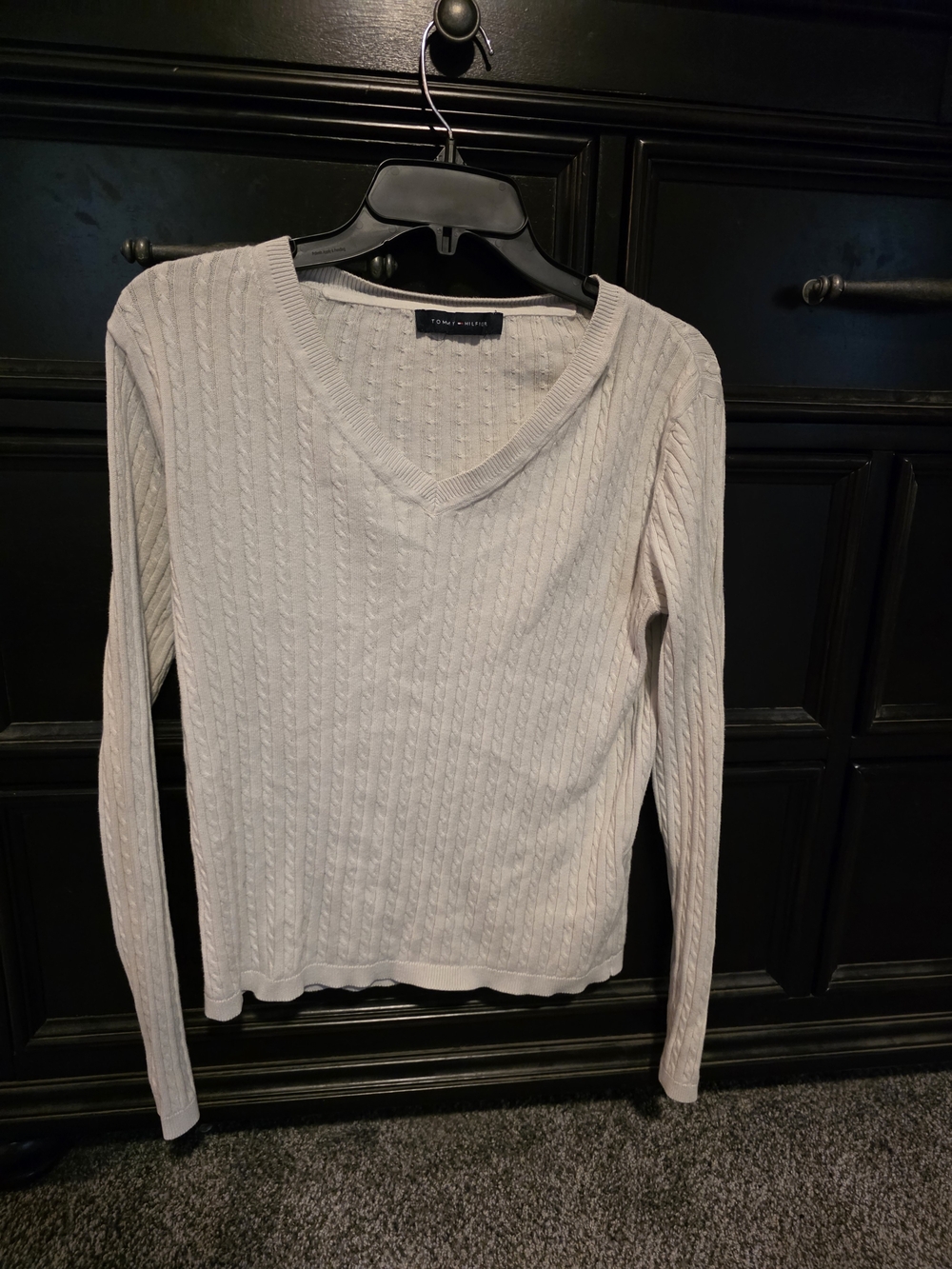 Tommy Hilfiger Cream Cable-Knit V-Neck Long Sleeve Top